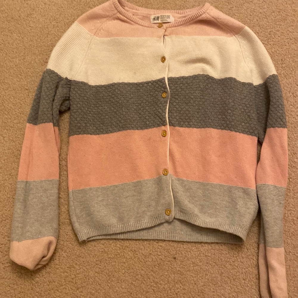 Grey white and pink buttoned sweater